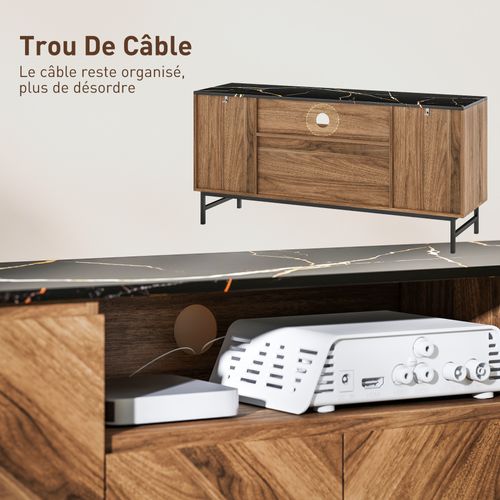 Meuble TV Design Effet Bois Aspect Marbre Noir 4 Portes 2 Étagères Niche
