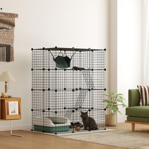 Cage Chat Intérieur - Parc Chat 4 Niv. 5 Portes Hamac Plateformes Rampes - Acier Noir