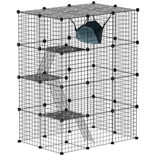 Cage Chat Intérieur - Parc Chat 4 Niv. 5 Portes Hamac Plateformes Rampes - Acier Noir