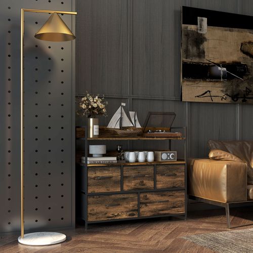 Commode Style Industriel - 5 Tiroirs, 2 Étagères - Acier Noir Effet Bois