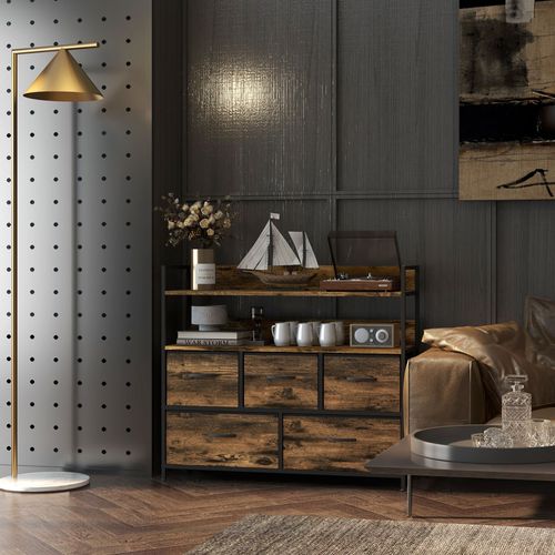 Commode Style Industriel - 5 Tiroirs, 2 Étagères - Acier Noir Effet Bois