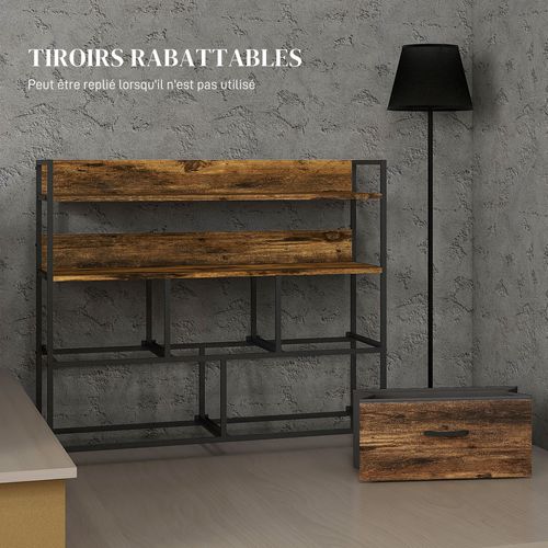 Commode Style Industriel - 5 Tiroirs, 2 Étagères - Acier Noir Effet Bois