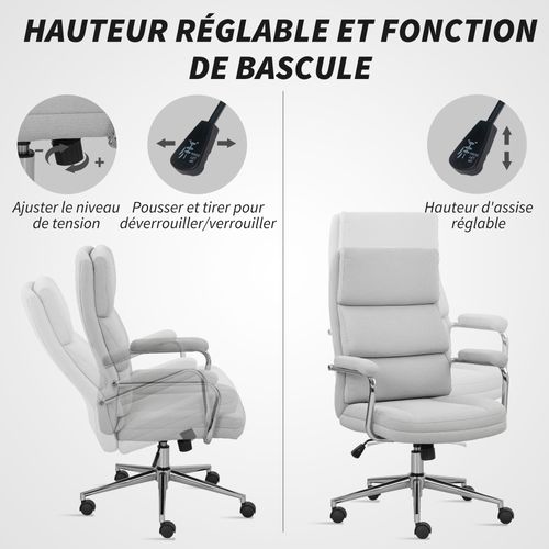 Fauteuil De Bureau Manager Design Acier Chromé Tissu Toucher Lin Gris Clair