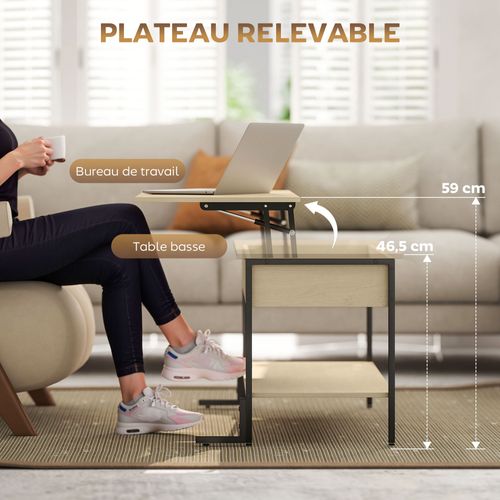 Table Basse Relevable Style Industriel H.46-59 Cm Avec Étagère