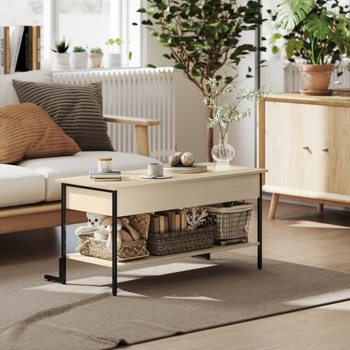 Table Basse Relevable Style Industriel H.46-59 Cm Avec Étagère