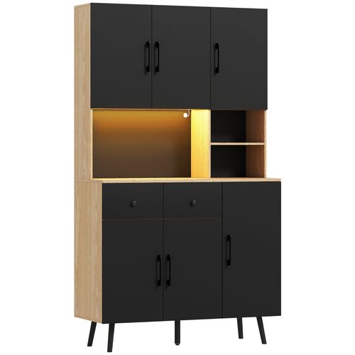 Buffet Haut Armoire Cuisine Design LED Réglable Noir Effet Bois Clair