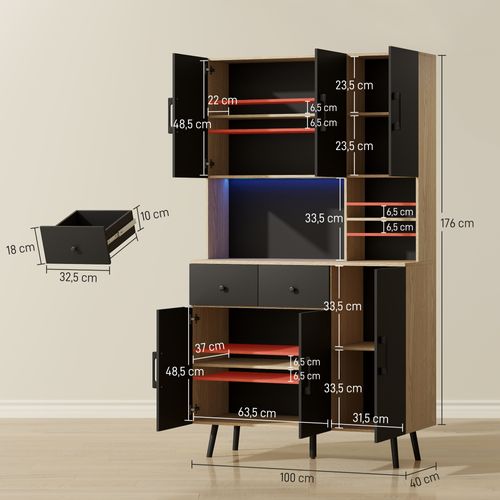 Buffet Haut Armoire Cuisine Design LED Réglable Noir Effet Bois Clair