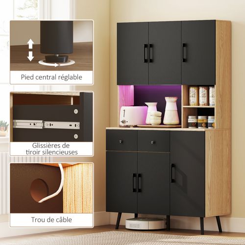 Buffet Haut Armoire Cuisine Design LED Réglable Noir Effet Bois Clair