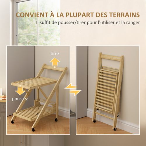 Desserte De Cuisine Pliable En Bambou 2 Plateaux 3 Casiers à Vin