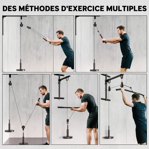 Station De Traction Murale - Machine Poulie Musculation - Acier Nylon Rouge Noir