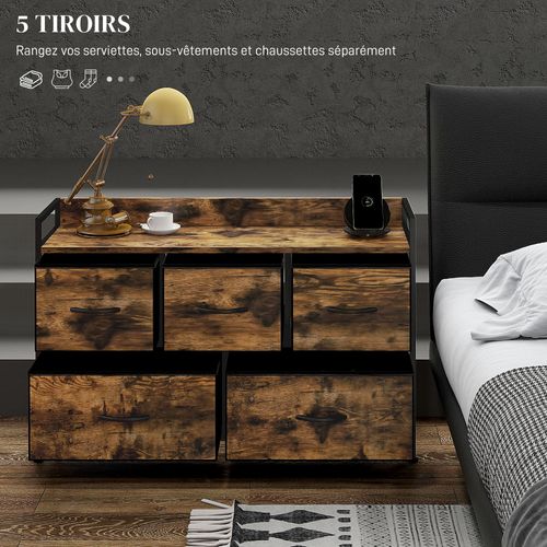 Commode 5 Tiroirs Et Étagère - 98 X 29 X 63 Cm - Métal Noir Non Tissé Aspect Bois