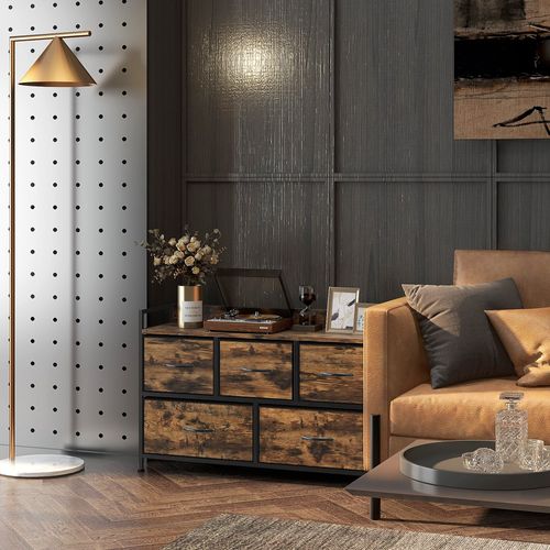 Commode 5 Tiroirs Et Étagère - 98 X 29 X 63 Cm - Métal Noir Non Tissé Aspect Bois