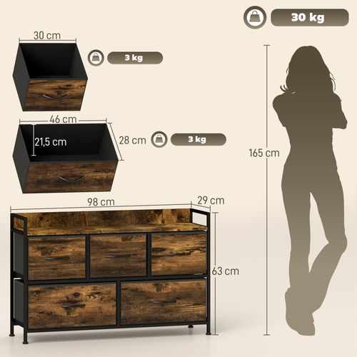 Commode 5 Tiroirs Et Étagère - 98 X 29 X 63 Cm - Métal Noir Non Tissé Aspect Bois