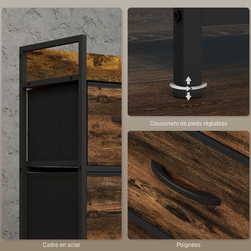 Commode 5 Tiroirs Et Étagère - 98 X 29 X 63 Cm - Métal Noir Non Tissé Aspect Bois