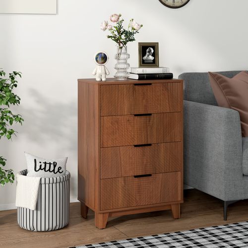 Commode 4 Tiroirs Style Exotique Effet Bois De Noyer Sculpté