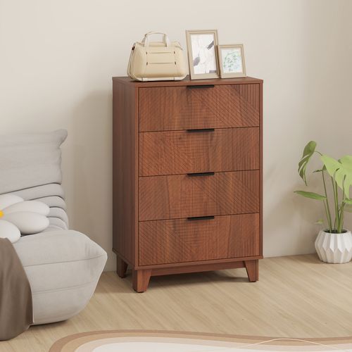 Commode 4 Tiroirs Style Exotique Effet Bois De Noyer Sculpté