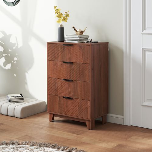 Commode 4 Tiroirs Style Exotique Effet Bois De Noyer Sculpté