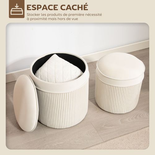 Lot De 2 Poufs Coffres 2 En 1 Velours Côtelé Crème