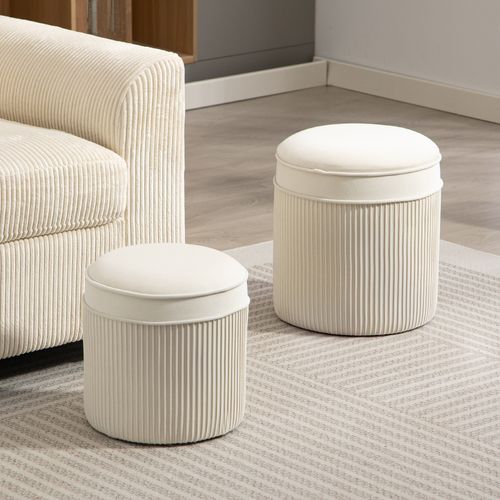 Lot De 2 Poufs Coffres 2 En 1 Velours Côtelé Crème