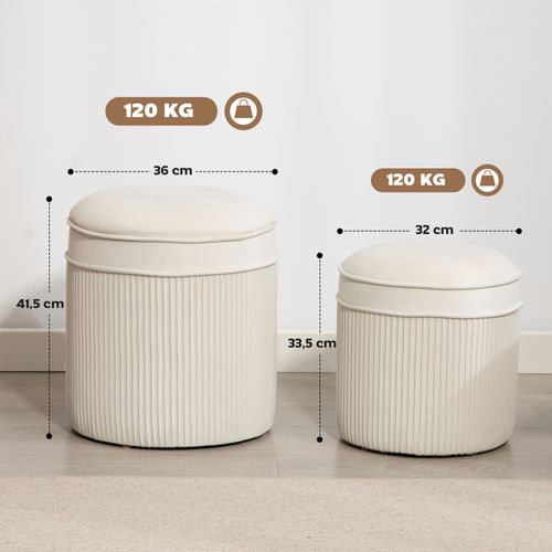 Lot De 2 Poufs Coffres 2 En 1 Velours Côtelé Crème