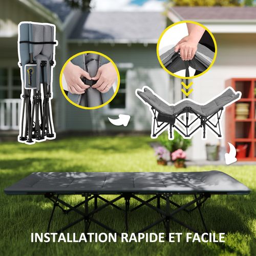 Lit De Camp Pliable Matelassé Grand Confort Tétière Intégré Gris