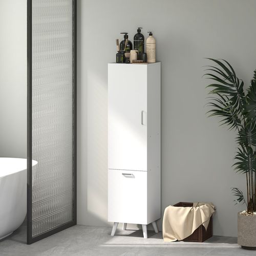 Colonne Salle De Bain H.144 Cm - Porte, 2 Étagères, Panier à Linge - Blanc