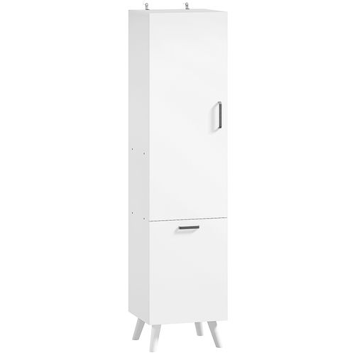 Colonne Salle De Bain H.144 Cm - Porte, 2 Étagères, Panier à Linge - Blanc