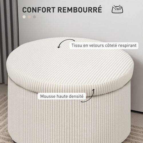 Pouf Coffre Velours Côtelé 2 En 1 Design Rond Dia. 60 Cm Beige