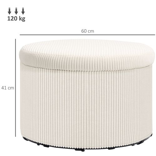 Pouf Coffre Velours Côtelé 2 En 1 Design Rond Dia. 60 Cm Beige