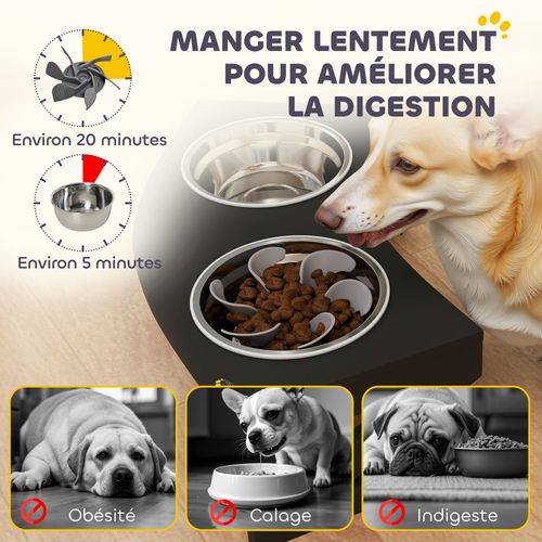 Porte-gamelles Surélevé 2 Écuelles Une Anti-glouton Acier Inox Mdf Noir