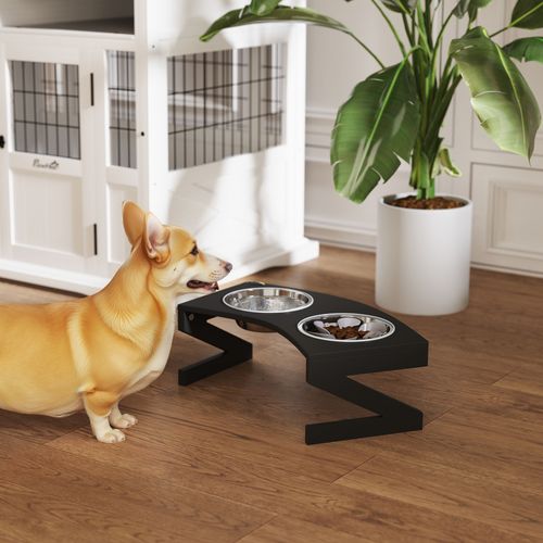 Porte-gamelles Surélevé 2 Écuelles Une Anti-glouton Acier Inox Mdf Noir