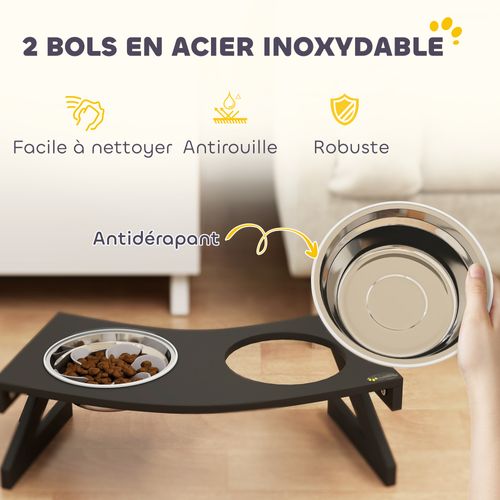 Porte-gamelles Surélevé 2 Écuelles Une Anti-glouton Acier Inox Mdf Noir