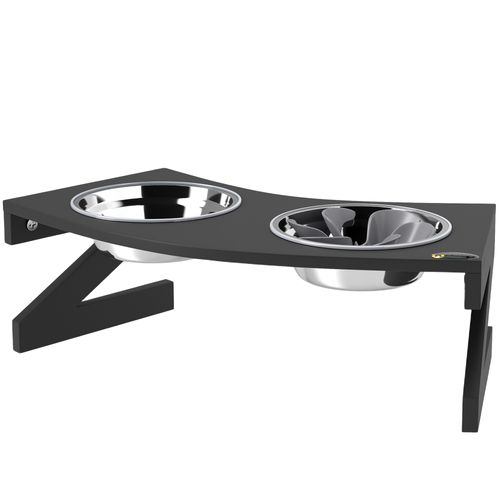 Porte-gamelles Surélevé 2 Écuelles Une Anti-glouton Acier Inox Mdf Noir