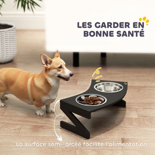 Porte-gamelles Surélevé 2 Écuelles Une Anti-glouton Acier Inox Mdf Noir