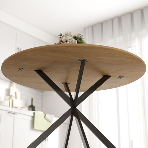 Table Ronde Bois 4 Personnes Dia. 120 Cm Style Industriel Piètement Croisé Acier Noir