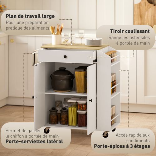 Desserte Cuisine 2 Portes, Étagère, Tiroir, 3 Étagères à Épices - Effet Bois Clair Blanc