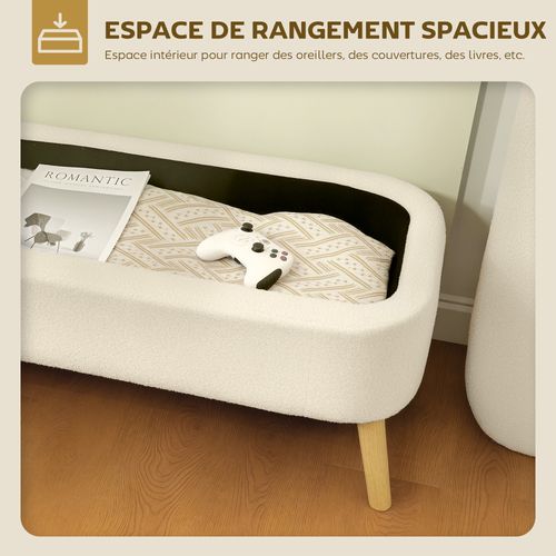 Banquette Coffre Style Nordique Bouclette Piètement Bois Beige Clair