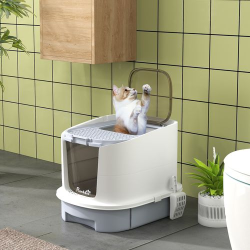 Maison De Toilette Chat - Nombreux Accessoires Équipements - Blanc Gris