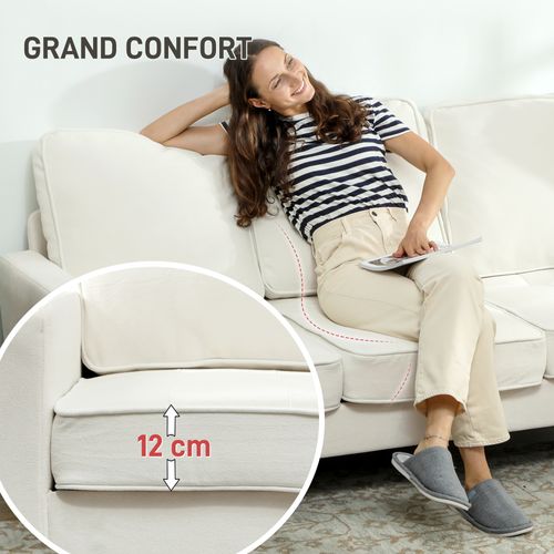 Canapé 3 Places Design Assise Effet Capitonné Piètement Effilé Bois Velours Crème