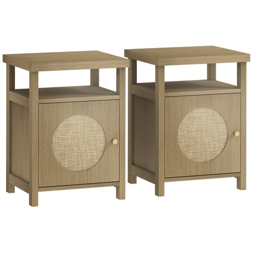 Lot De 2 Chevets Style Bohème Effet Bois Et Cannage - Porte, Niche
