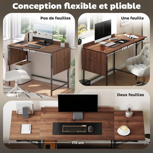 Bureau Pliable 2 Rallonges Rebord Plateau Métal Noir Effet Bois Noyer