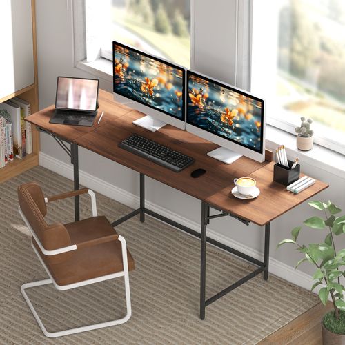 Bureau Pliable 2 Rallonges Rebord Plateau Métal Noir Effet Bois Noyer