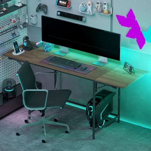 Bureau Pliable 2 Rallonges Rebord Plateau Métal Noir Effet Bois Noyer