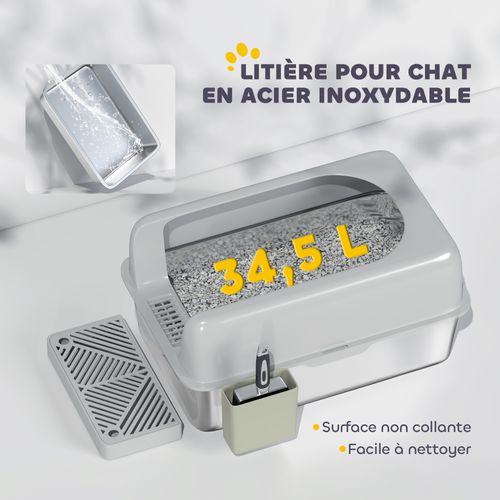 Bac à Litière Chat En Acier Inoxydable Nombreux Accessoires Gris