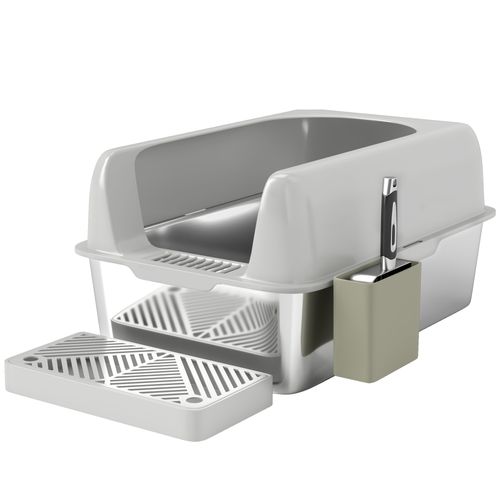 Bac à Litière Chat En Acier Inoxydable Nombreux Accessoires Gris