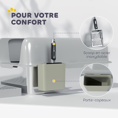 Bac à Litière Chat En Acier Inoxydable Nombreux Accessoires Gris