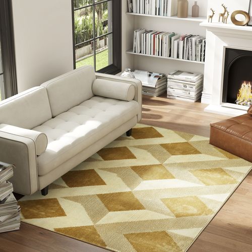 Tapis Salon Moderne Style Graphique Géométrique Beige Moutarde