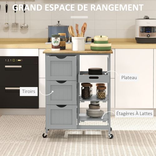 Desserte De Cuisine - 3 Tiroirs, 2 Étagères, Plateau - Bois Mdf