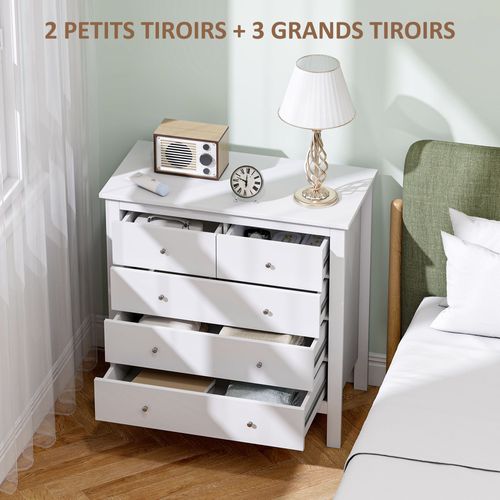 Commode 5 Tiroirs Style Contemporain Poignées Boutons Métal Mdf Blanc