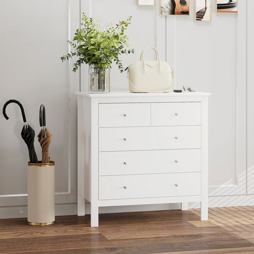 Commode 5 Tiroirs Style Contemporain Poignées Boutons Métal Mdf Blanc
